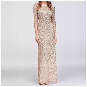 Adrianna Papell Gold Sequin Gown with Bishop Sleeves